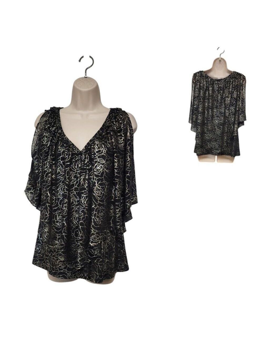 Coco Bianco Women’s Floral Print Top Flutter Sleeve Black/Silver Blouse Size M